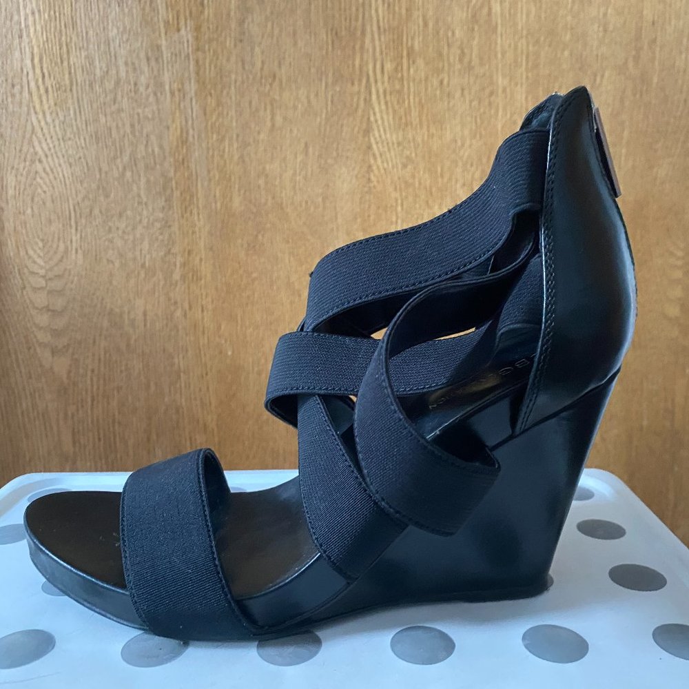 BCBG Generation Leather and stretch-strap wedge